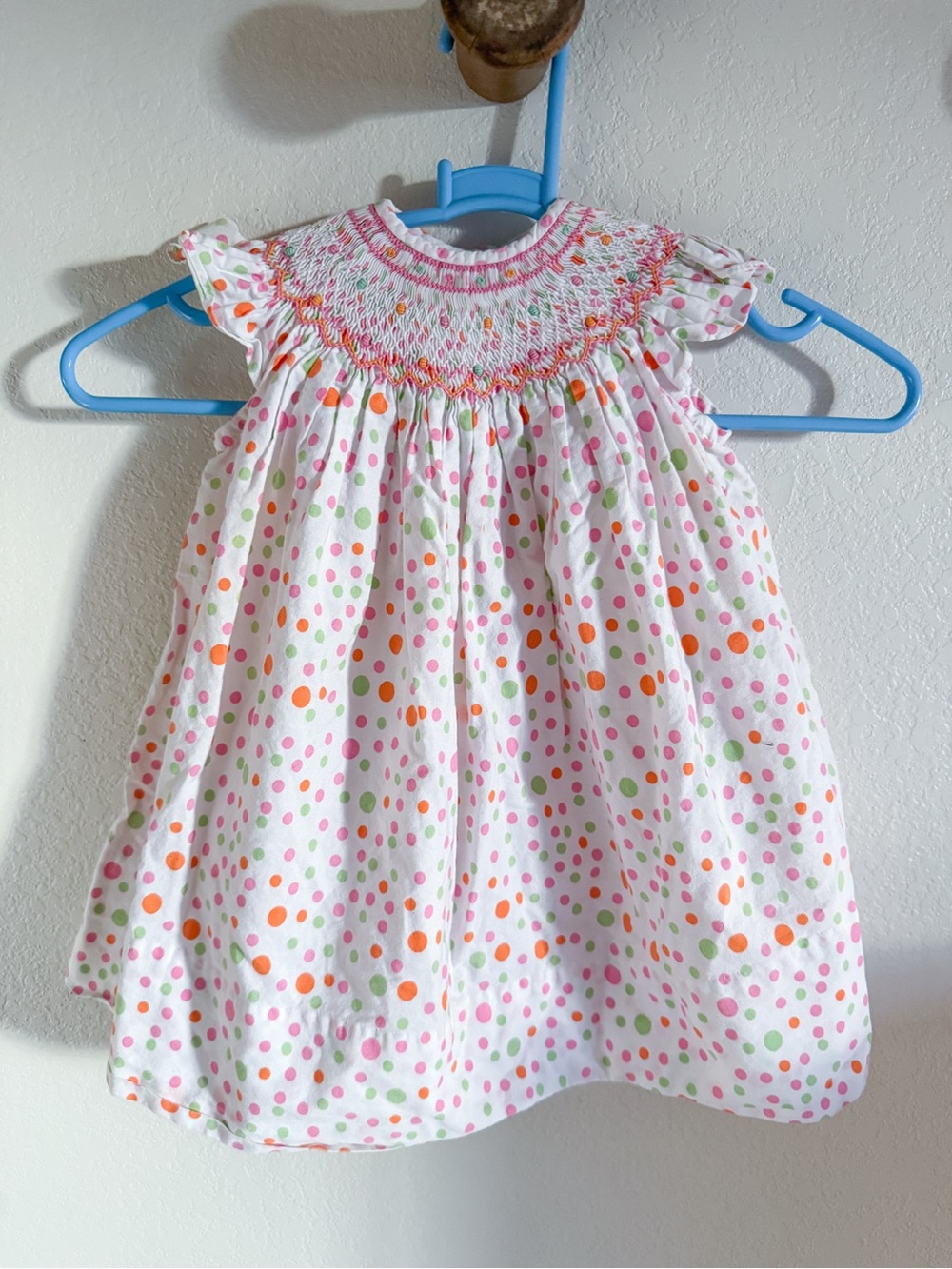 Strasburg Bishop Smocked Polka Dot Baby Dress with Pink & Orange Accents Sz 3 M